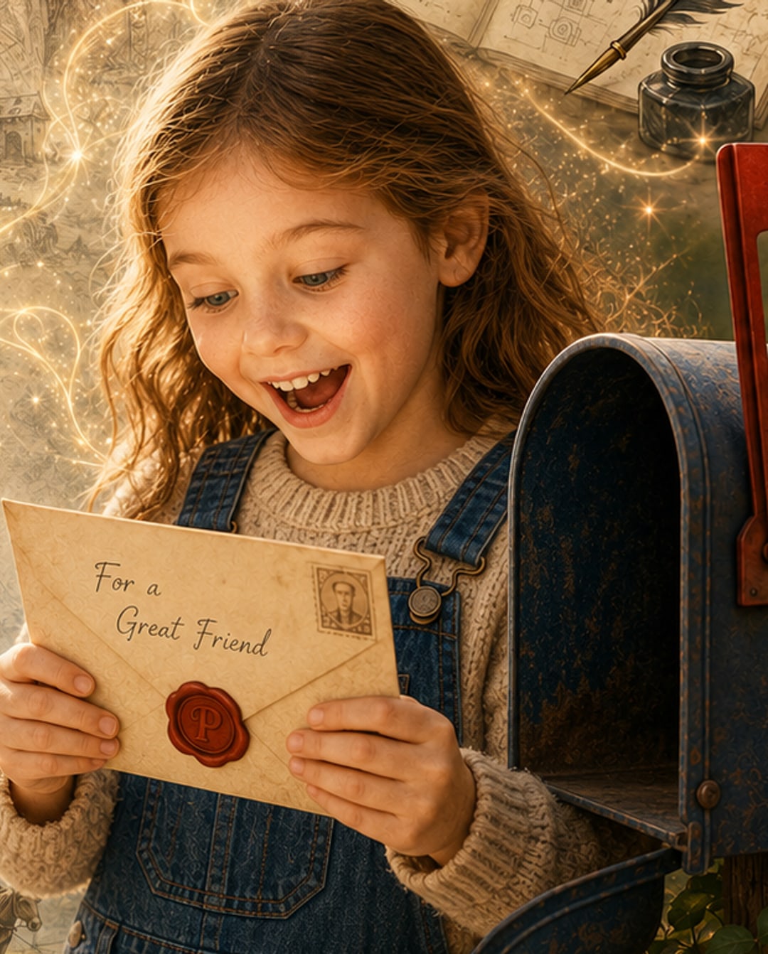 A delighted child opening a personalized letter by the mailbox